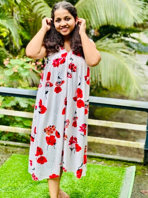 premium nightwear feeding&nonfeeding frock white with red flowers